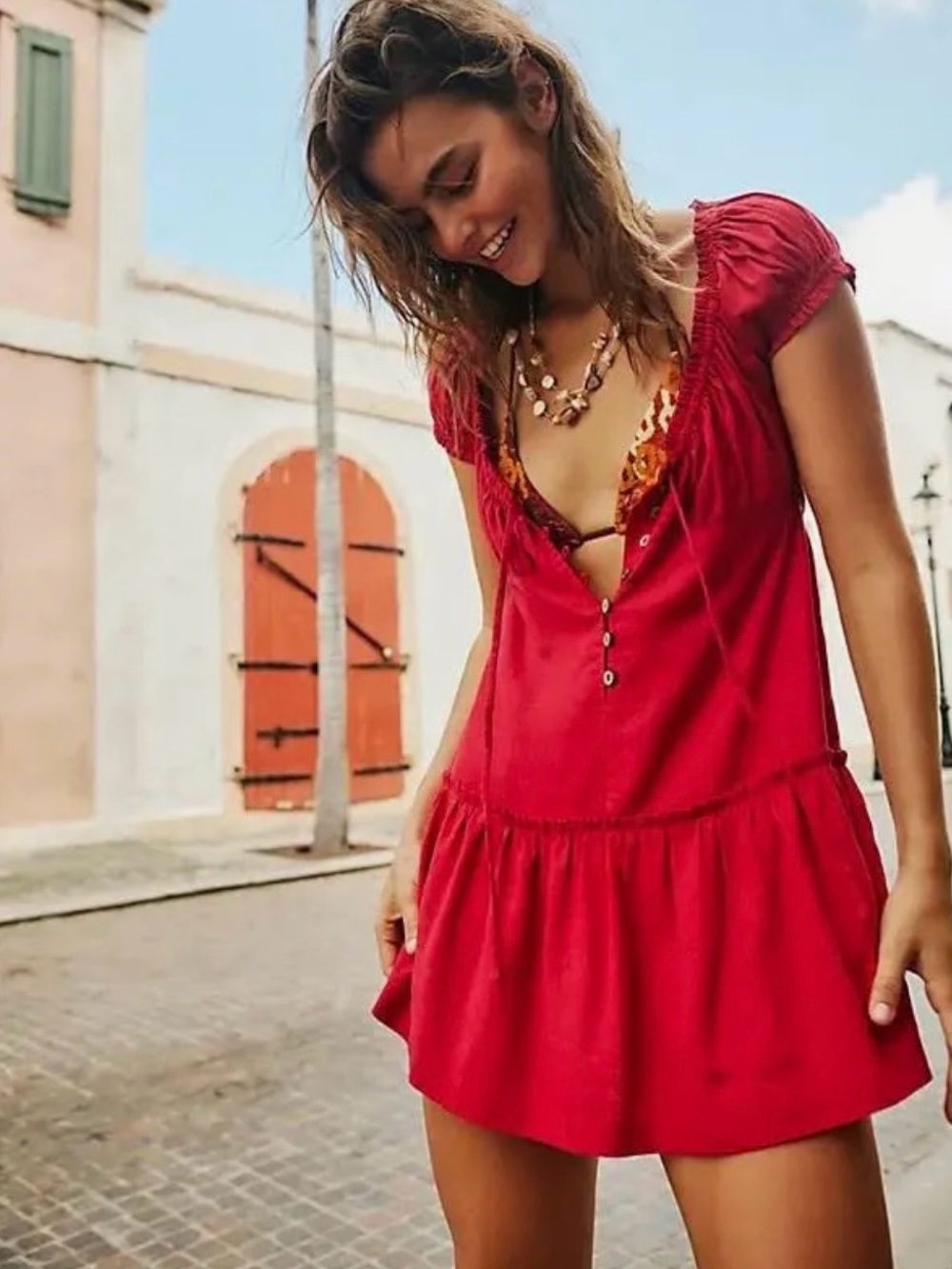 Red Free People Perri Linen Drop Waist Mini Dress